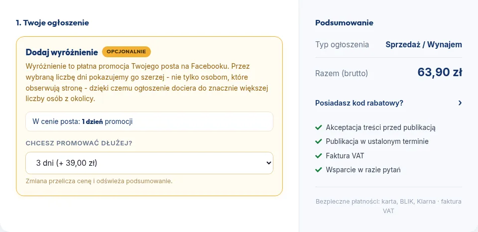 Wybór długości promocji i przeliczona cena