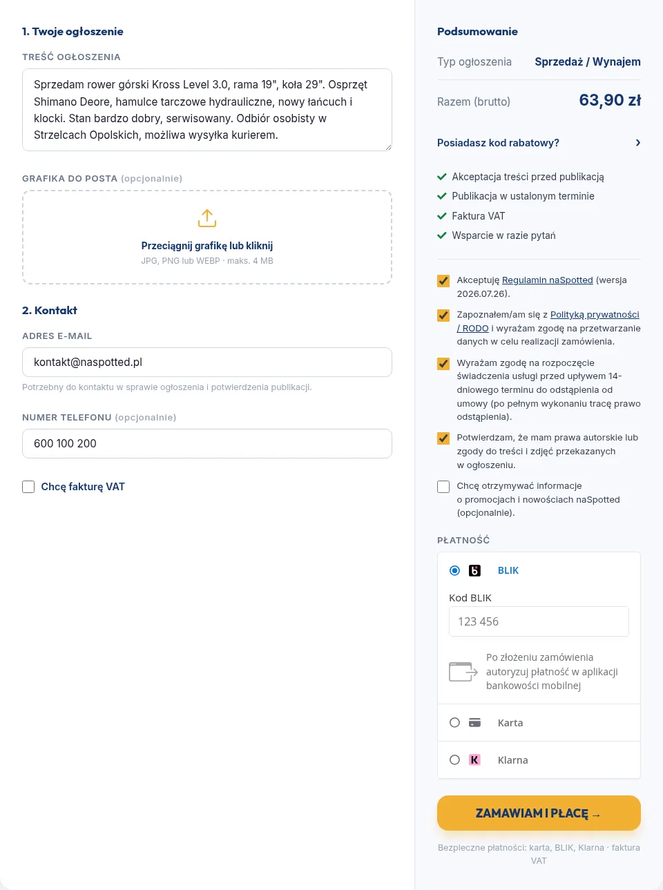 Formularz treści ogłoszenia i wybór płatności